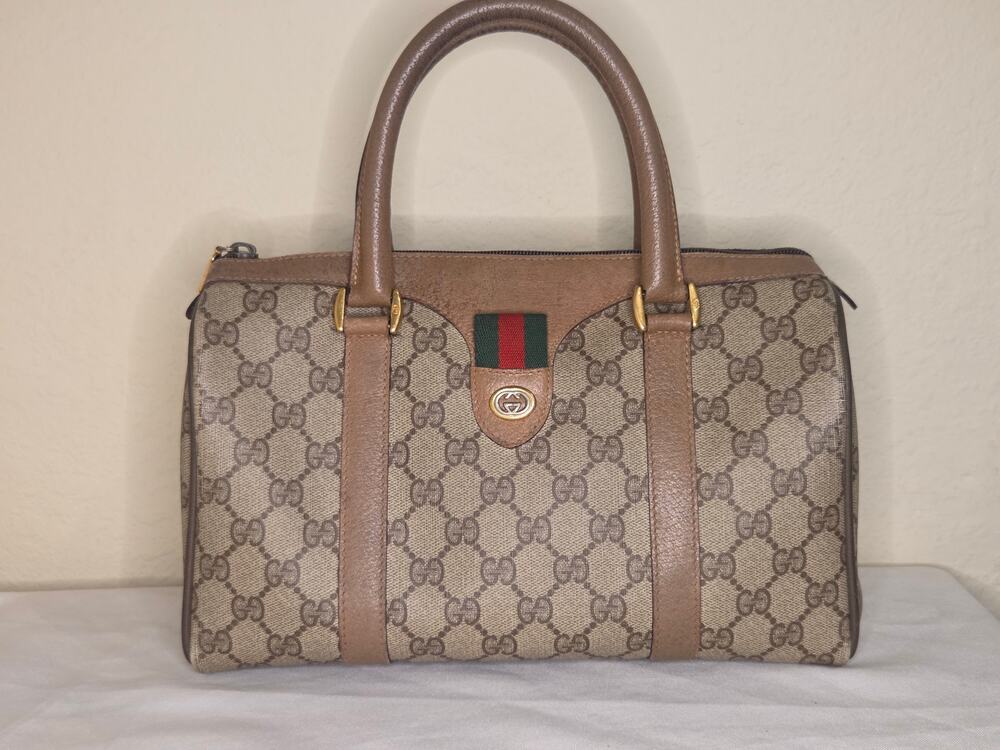 Gucci GG Supreme Web Stripe Boston Bag Vintage Brown Ophidia Top Handle